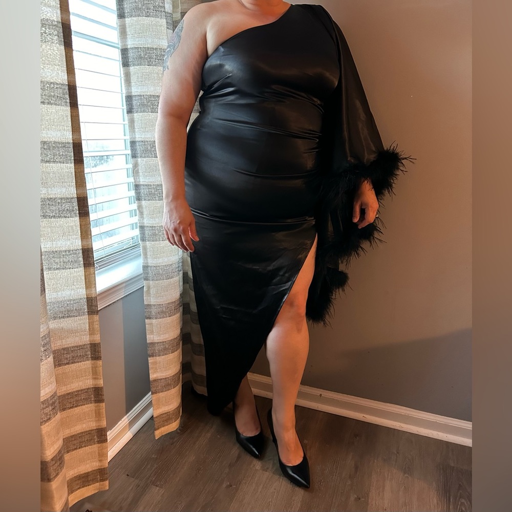Off the shoulder dress with slit.
